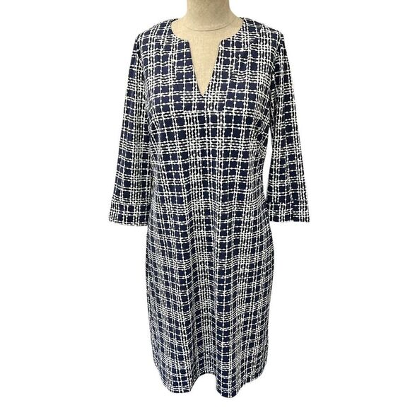 Katherine Way Dress Medium Navy Blue Window Pane Polka Dot Plaid UPF 50 Shift - Picture 1 of 5